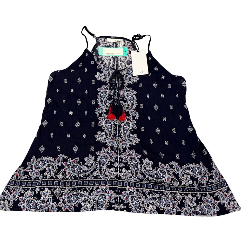 LUQ‎ Rachell Tie Detail Halter Top Navy Paisley Boho Tassel Medium NEW
